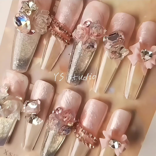 Rose pink princess luxury handmade liquid sand Press-on nails